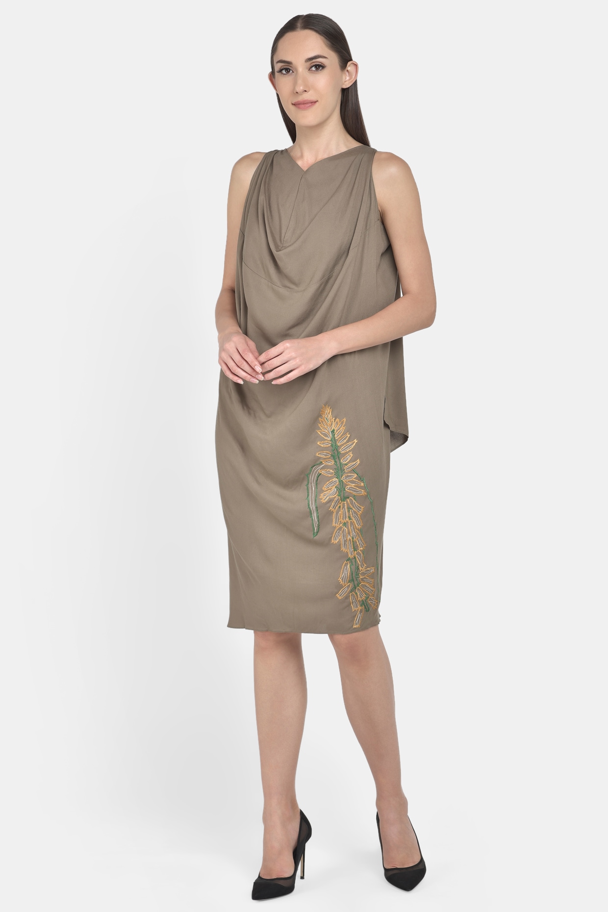 Olive Green Embroidered Draped Dress by Naina Seth at Pernia s Pop Up Shop 2024