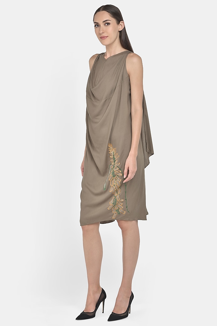 Olive Green Embroidered Draped Summer Dress by Naina Seth at Pernia's Pop Up Shop