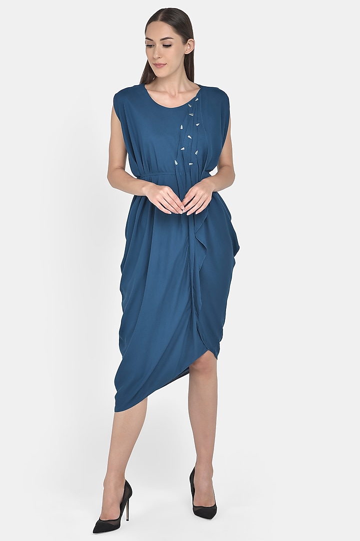 Teal Embroidered Draped Summer Dress by Naina Seth at Pernia's Pop Up Shop
