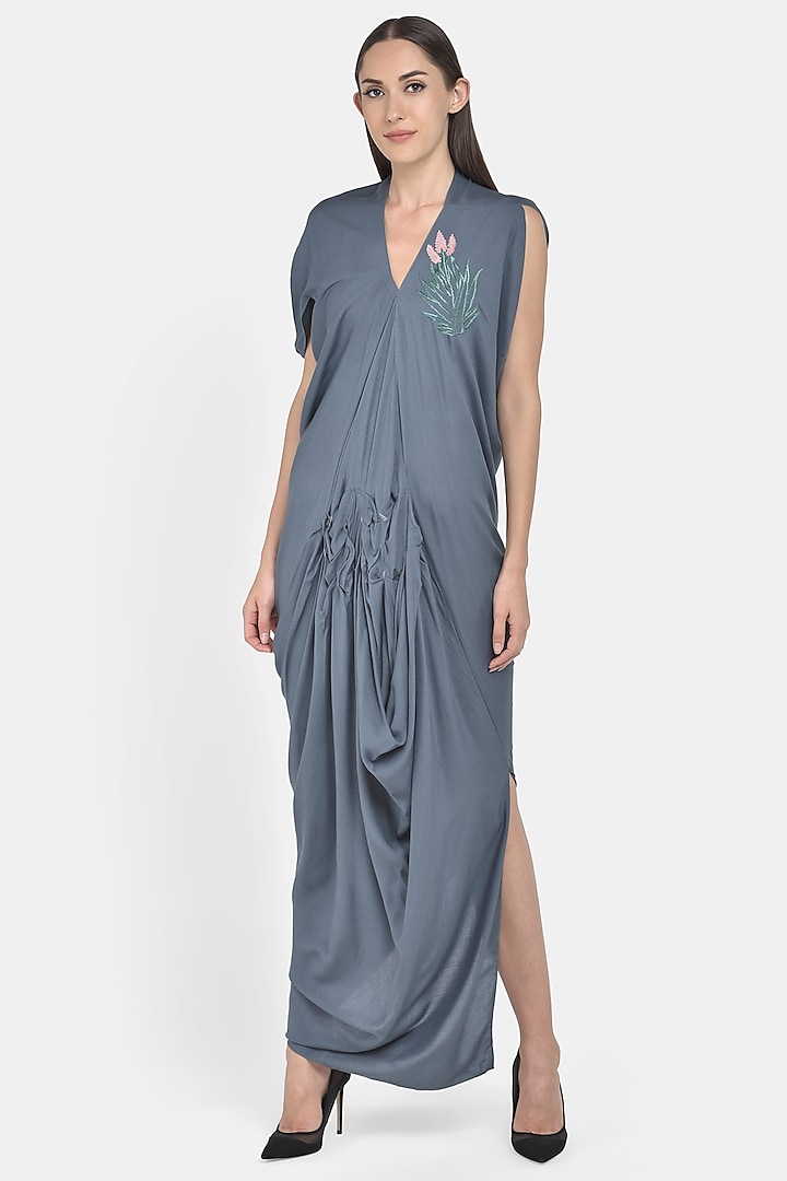 Grey Embroidered Draped Summer Dress by Naina Seth at Pernia's Pop Up Shop