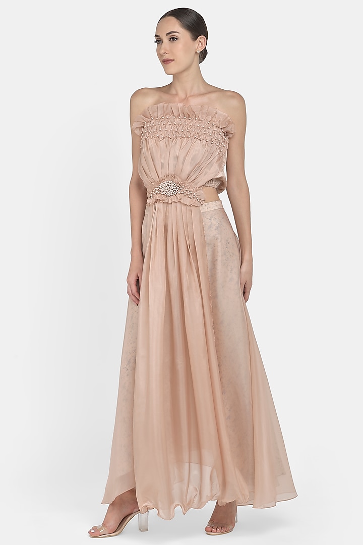 Peach Flared & Draped Pant Set by Naina Seth at Pernia's Pop Up Shop