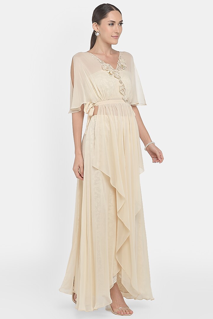 Beige Embroidered Draped Tunic Set by Naina Seth at Pernia's Pop Up Shop