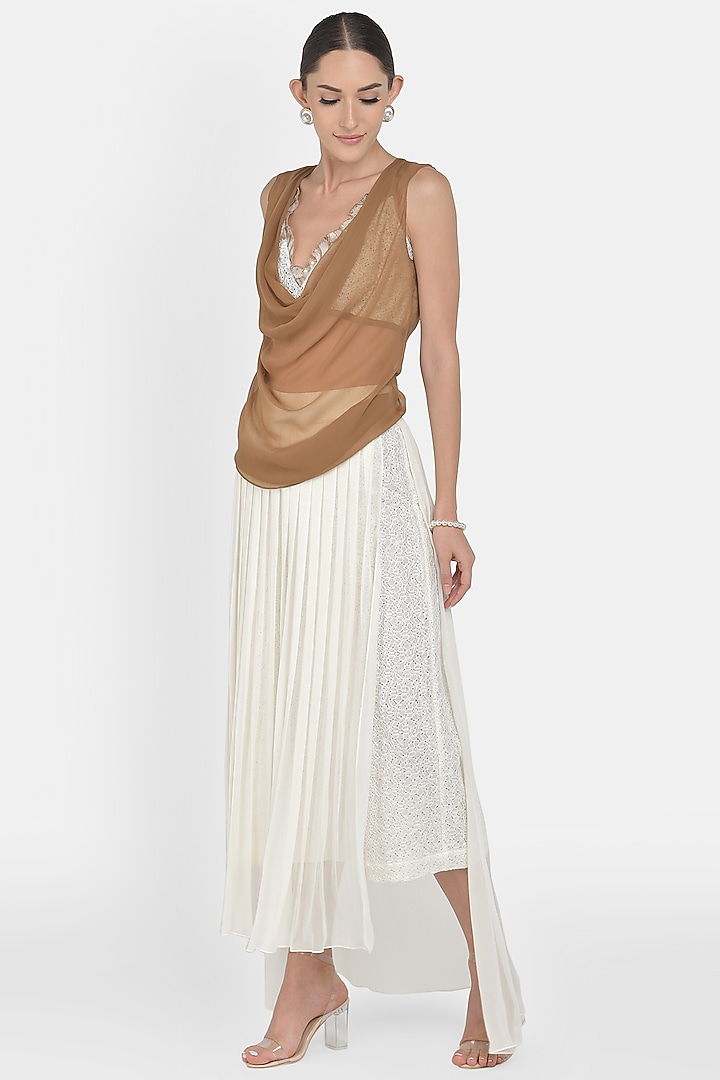 White Embroidered Pleated Pant Set by Naina Seth at Pernia's Pop Up Shop