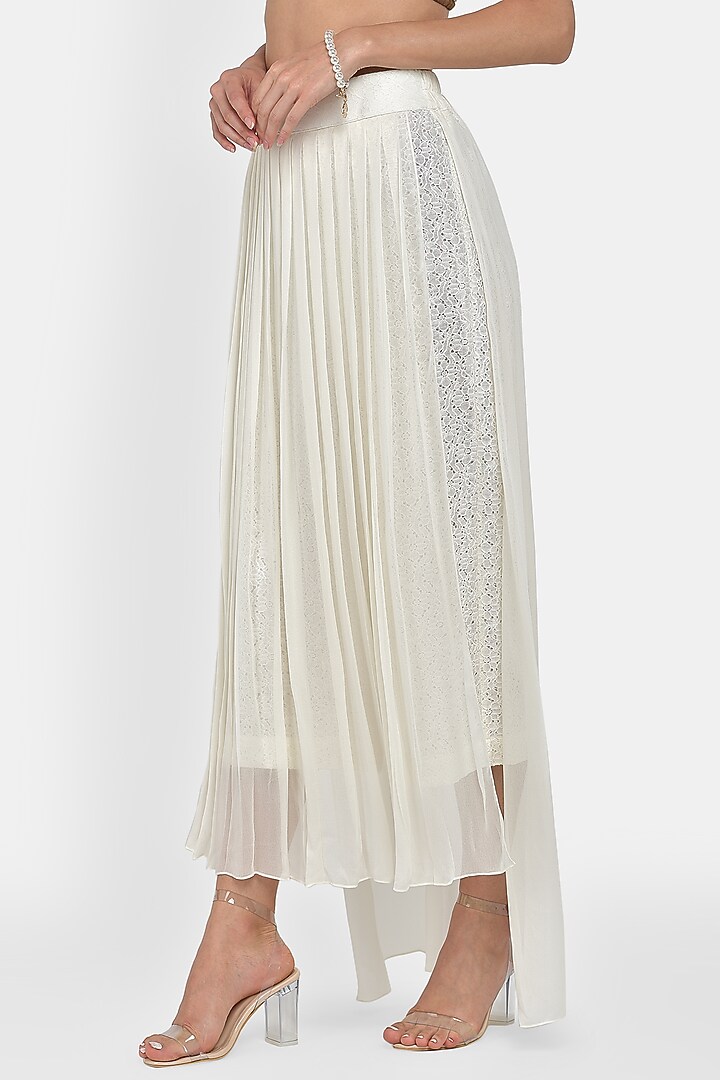 White Embroidered Pleated Pant Set by Naina Seth at Pernia's Pop Up Shop