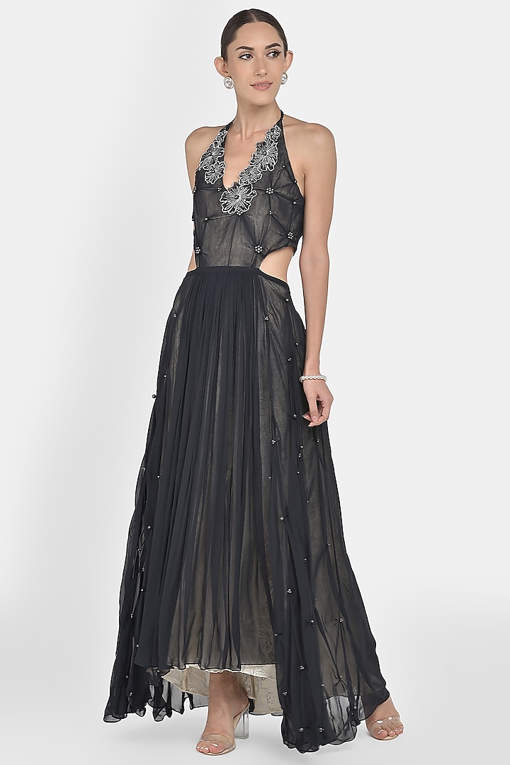 Black Embroidered Draped Gown by Naina Seth