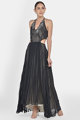 Black Embroidered Draped Gown by Naina Seth