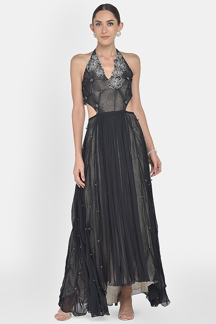 Black Embroidered Draped Gown by Naina Seth at Pernia's Pop Up Shop