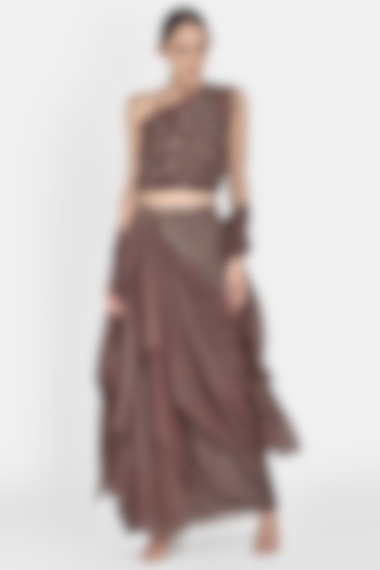 Maroon & Brown Hand Embellished Skirt Set by Naina Seth