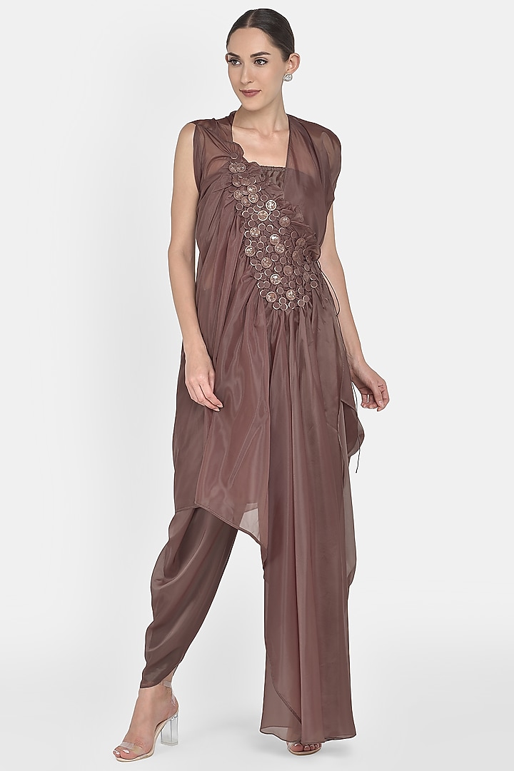 Maroon & Brown Hand Embellished Dhoti Pant Set by Naina Seth at Pernia's Pop Up Shop