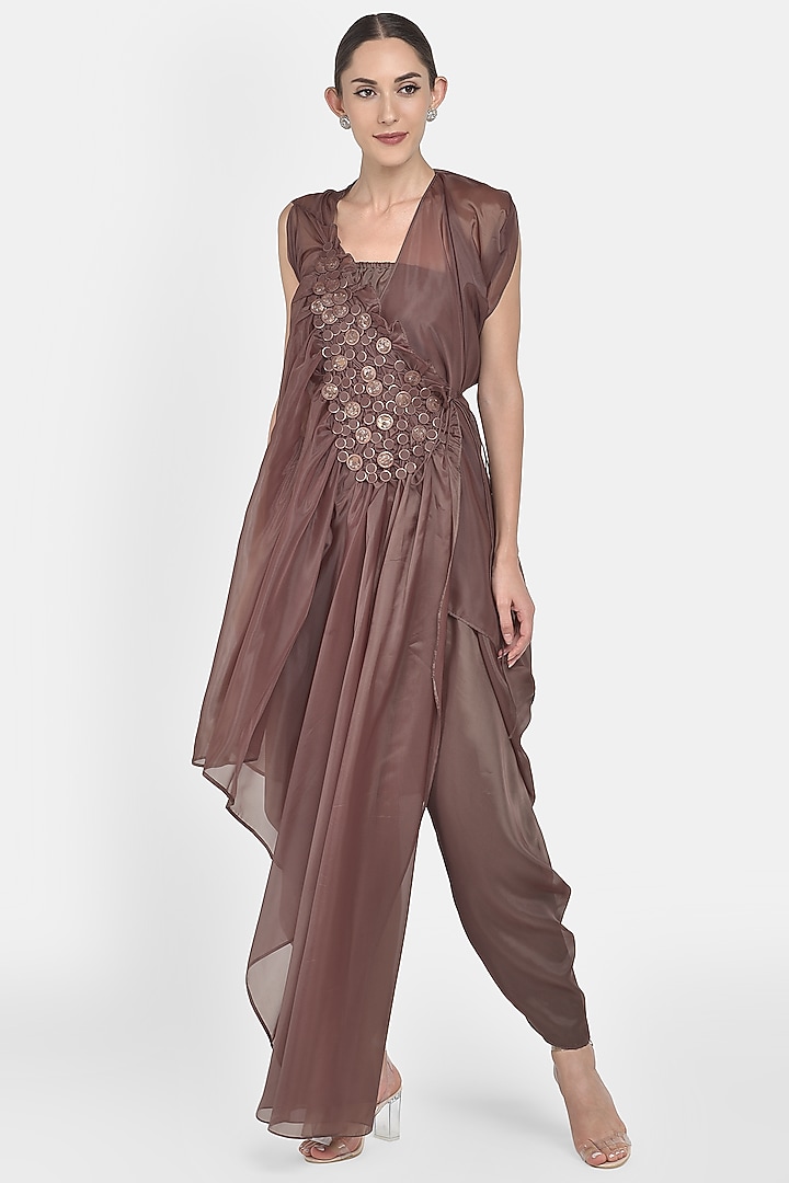 Maroon & Brown Hand Embellished Dhoti Pant Set by Naina Seth at Pernia's Pop Up Shop