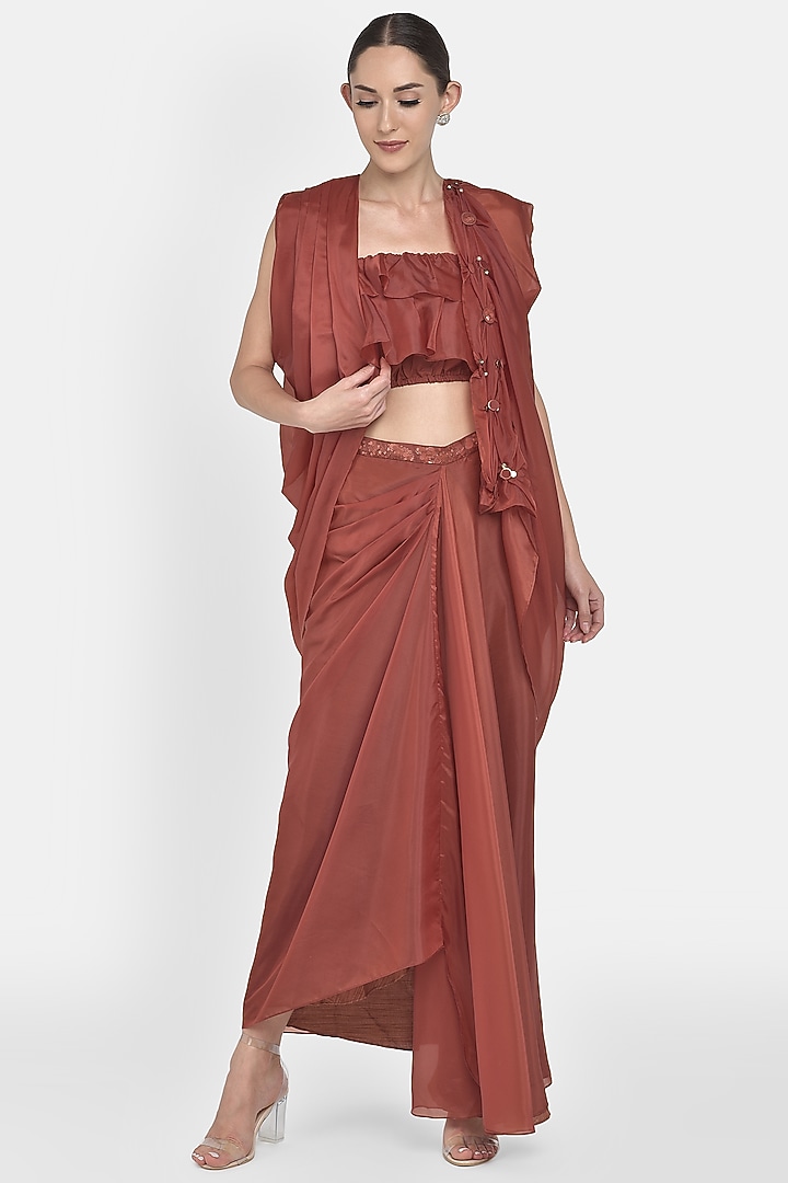Copper Draped Skirt Set With Frills by Naina Seth at Pernia's Pop Up Shop