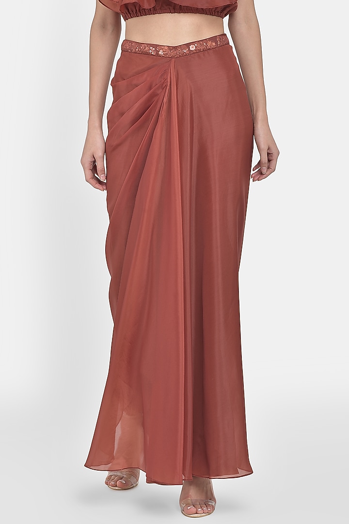 Copper Draped Skirt Set With Frills by Naina Seth at Pernia's Pop Up Shop