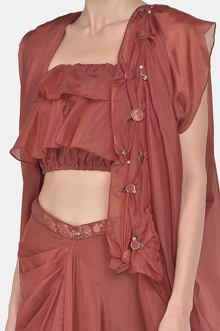 Copper Draped Skirt Set With Frills by Naina Seth at Pernia's Pop Up Shop