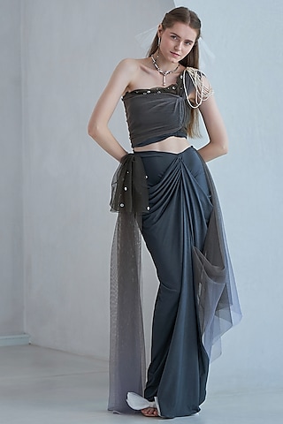 Green Stretch Knit & Tulle Draped Skirt Set by Naina Seth