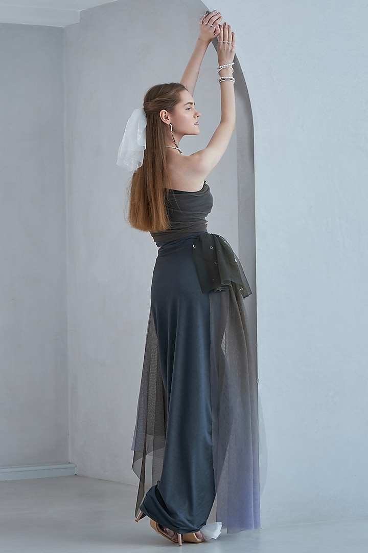Green Stretch Knit & Tulle Draped Skirt Set by Naina Seth at Pernia's Pop Up Shop