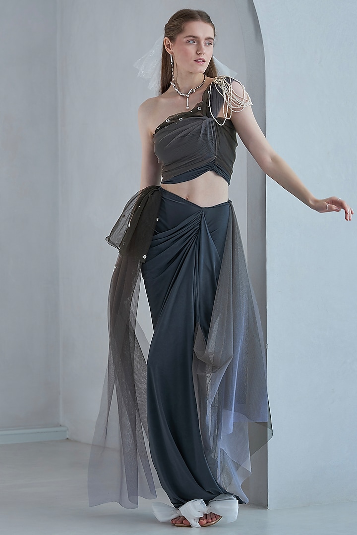 Green Stretch Knit & Tulle Draped Skirt Set by Naina Seth at Pernia's Pop Up Shop