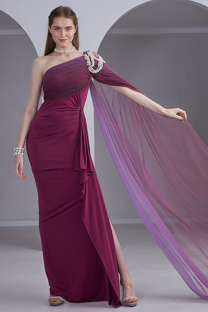 Magenta Stretch Knit & Tulle Pearl & Tassel Embroidered One-Shoulder Gown by Naina Seth