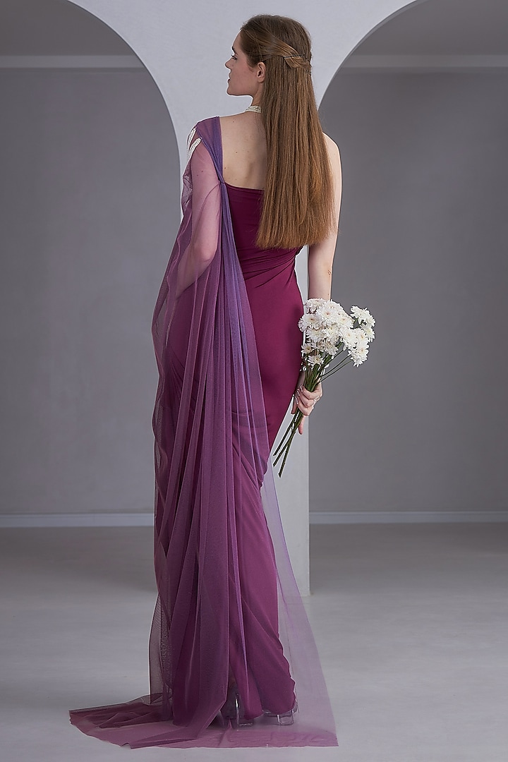 Magenta Stretch Knit & Tulle Pearl & Tassel Embroidered One