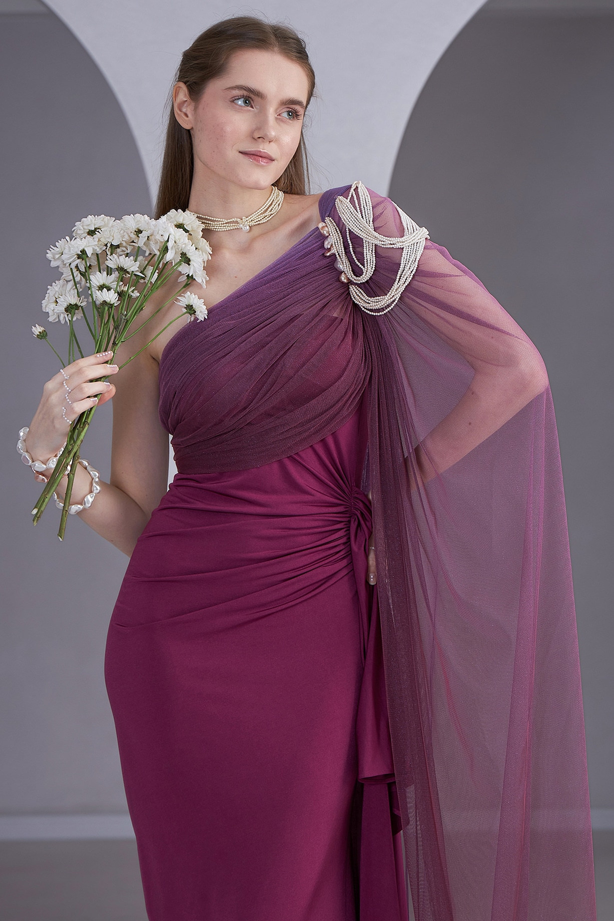 Magenta Stretch Knit & Tulle Pearl & Tassel Embroidered One