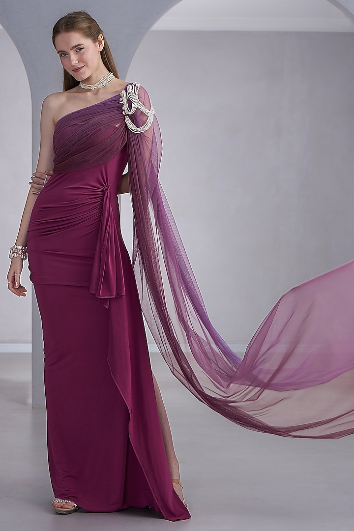 Magenta Stretch Knit & Tulle Pearl & Tassel Embroidered One-Shoulder Party Wear Gown by Naina Seth at Pernia's Pop Up Shop