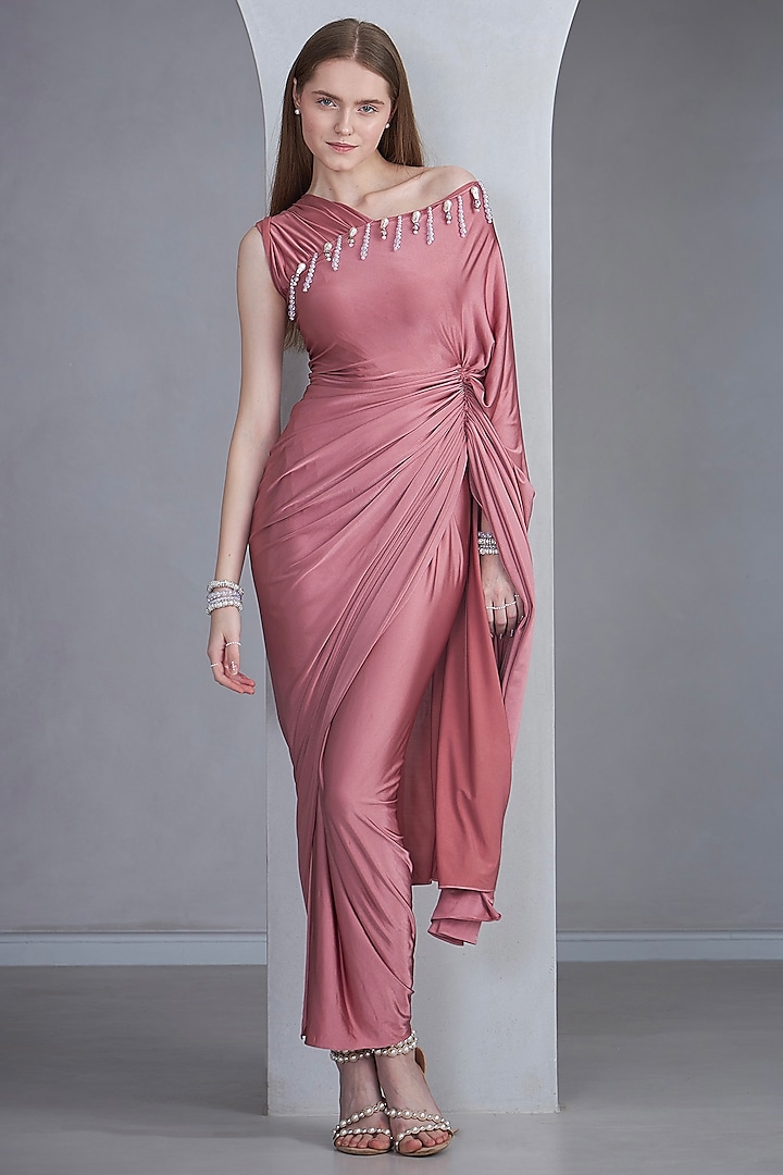Rose Pink Stretch Knit Pearl Embroidered Draped Gown Saree by Naina Seth