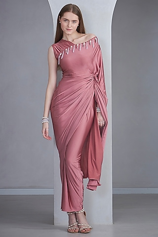 Rose Pink Stretch Knit Pearl Embroidered Draped Gown Saree by Naina Seth