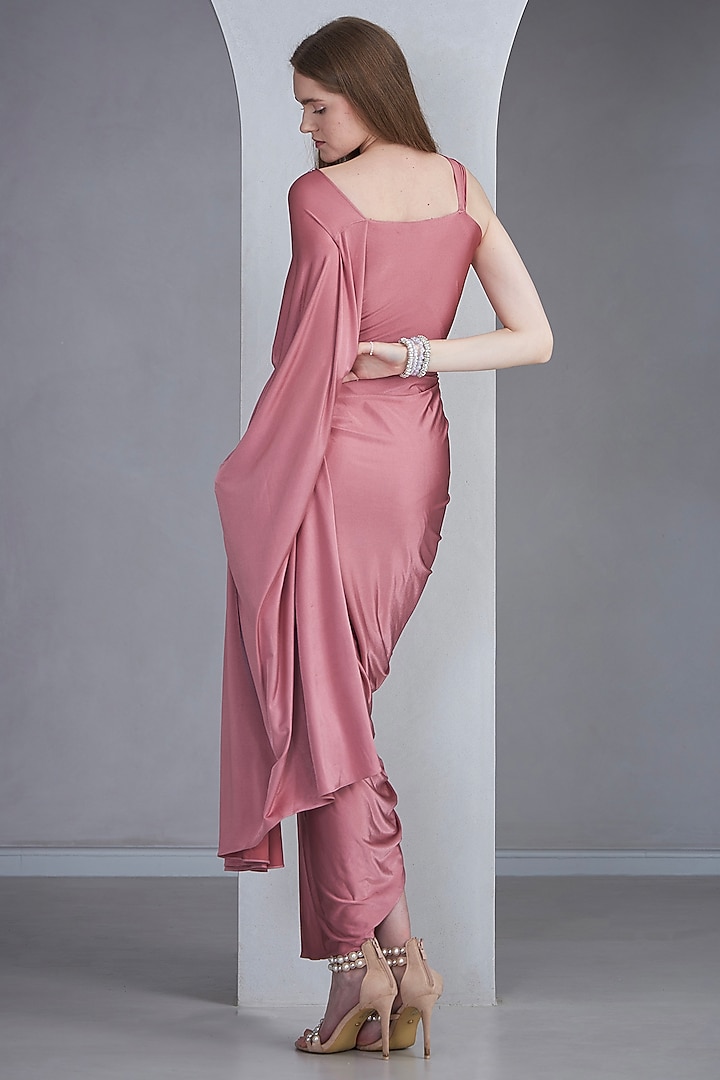 Rose Pink Stretch Knit Pearl Embroidered Draped Party Wear Gown Saree by Naina Seth at Pernia's Pop Up Shop
