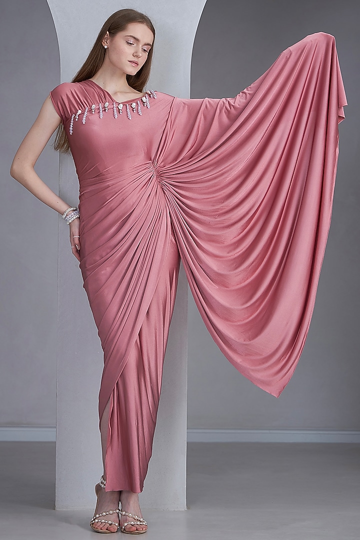 Rose Pink Stretch Knit Pearl Embroidered Draped Party Wear Gown Saree by Naina Seth at Pernia's Pop Up Shop