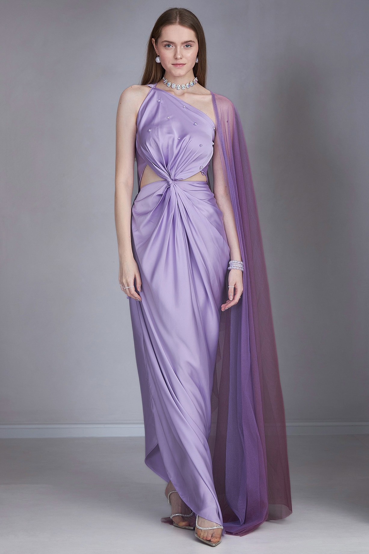 Lavender Satin Silk Bead Embellished Draped Gown by Naina Lavender Satin Silk Bead Embellished Draped Gown by Naina