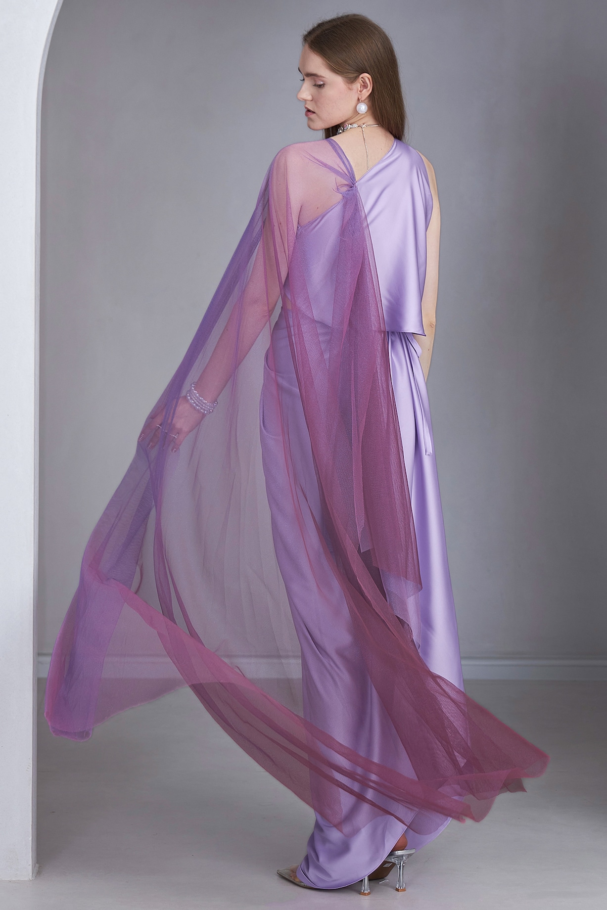 Lavender Satin Silk Bead Embellished Draped Gown by Naina Lavender Satin Silk Bead Embellished Draped Gown by Naina
