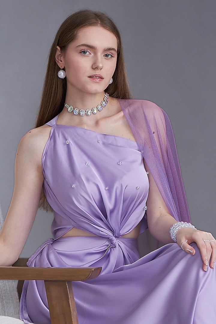Lavender Satin Silk Bead Embellished Draped Gown by Naina Seth at Pernia's Pop Up Shop