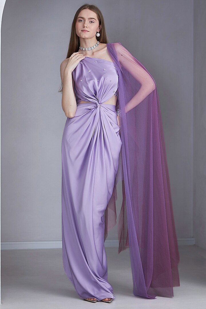 Lavender Satin Silk Bead Embellished Draped Gown by Naina Seth at Pernia's Pop Up Shop