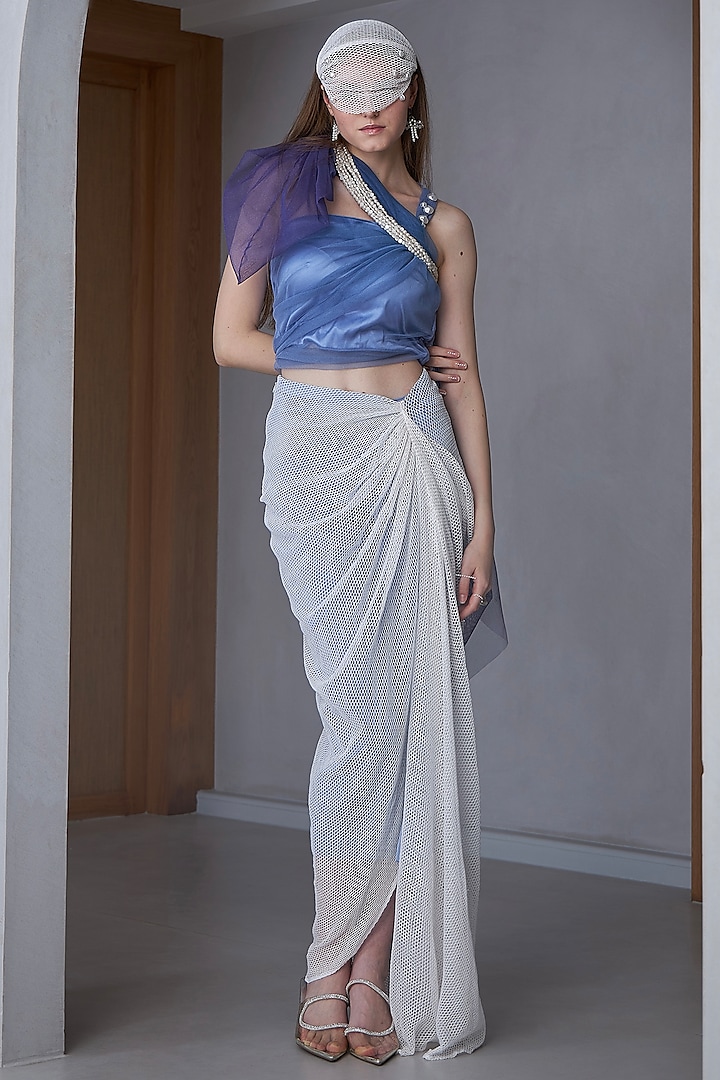 Blue & White Satin Silk Pant Set by Naina Seth