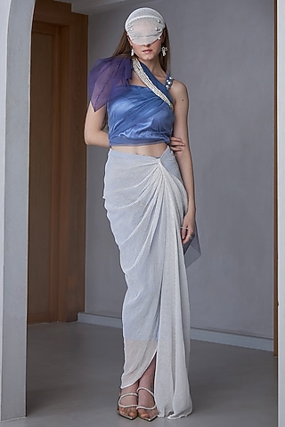 Blue & White Satin Silk Pant Set by Naina Seth