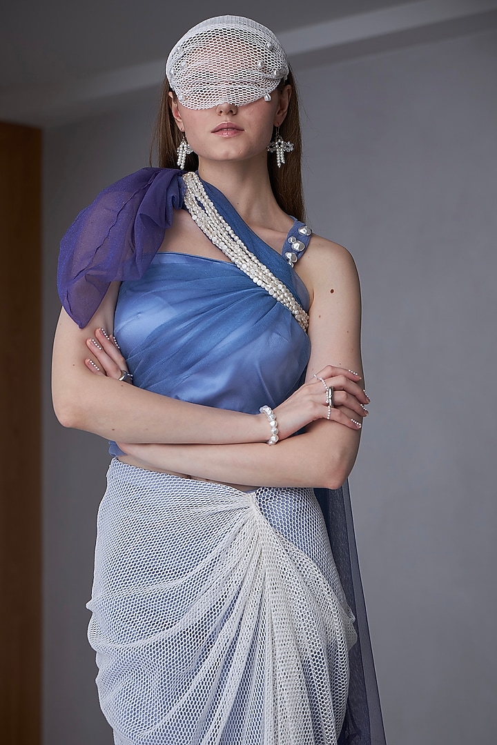 Blue & White Satin Silk Pant Set by Naina Seth at Pernia's Pop Up Shop