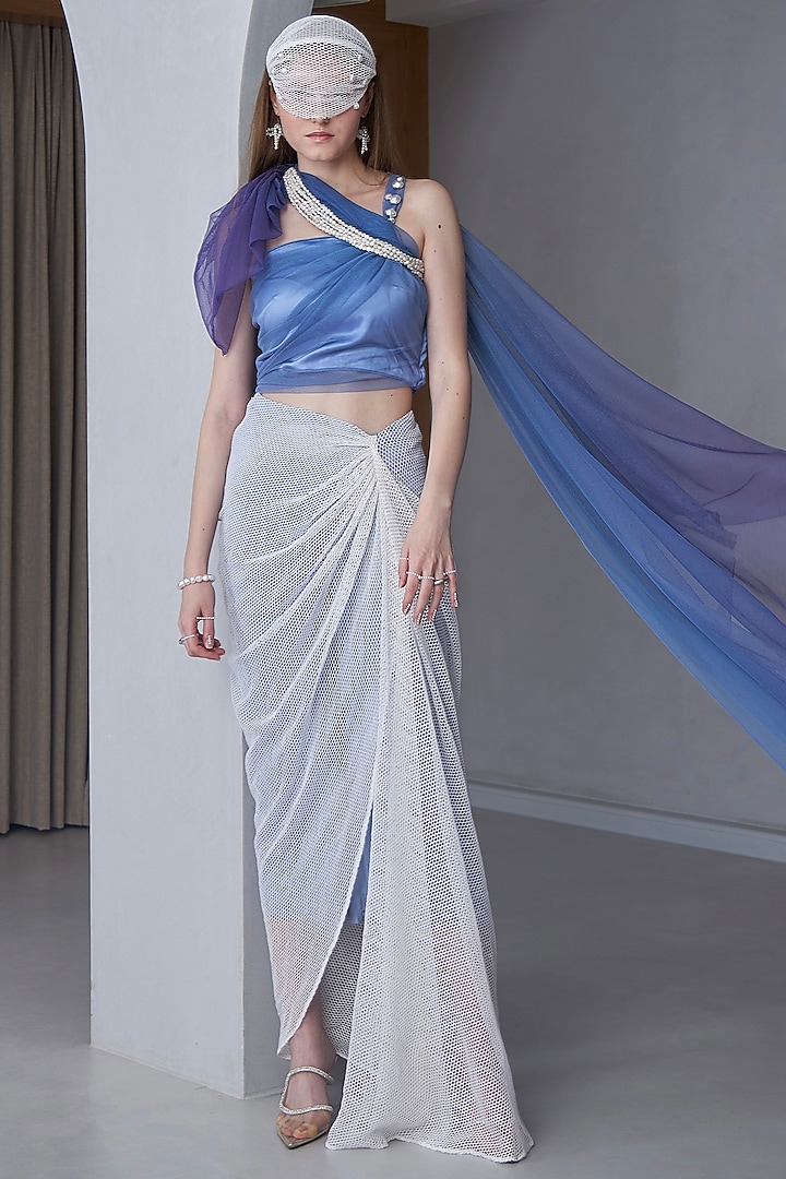 Blue & White Satin Silk Pant Set by Naina Seth at Pernia's Pop Up Shop