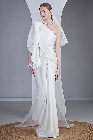 White Satin Silk Pearl Embellished One-Shoulder Gown by Naina Seth