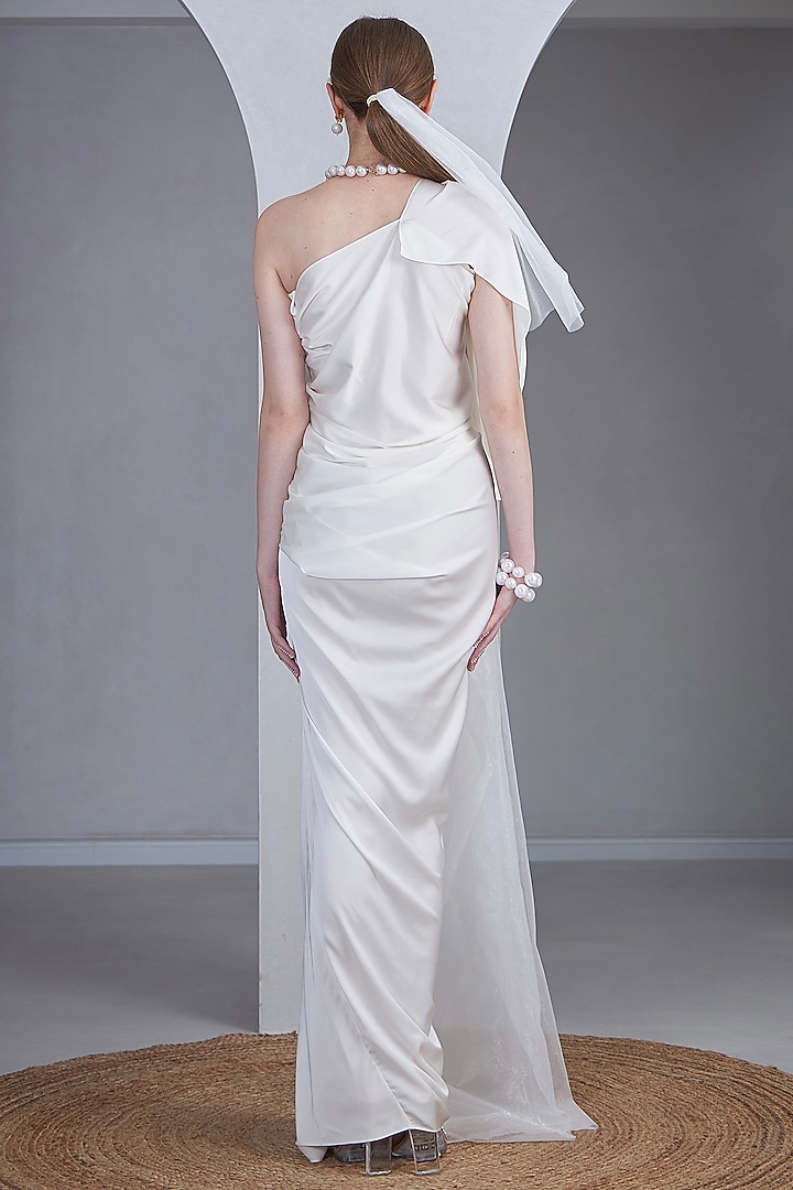 White Satin Silk Pearl Embellished One-Shoulder Gown by Naina Seth