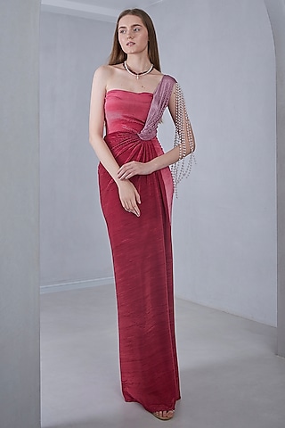 Multi-Colored Self Pleated Stretch One-Shoulder Gown by Naina Seth