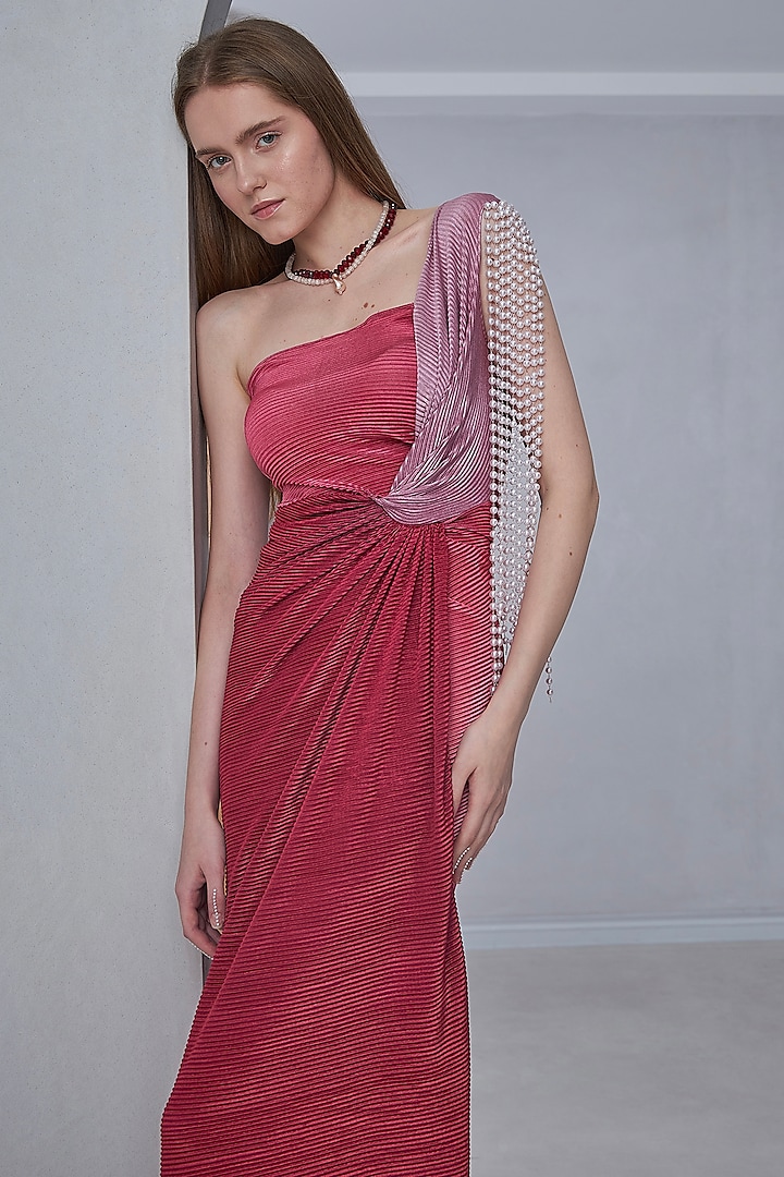 Multi-Colored Self Pleated Stretch One-Shoulder Gown by Naina Seth at Pernia's Pop Up Shop