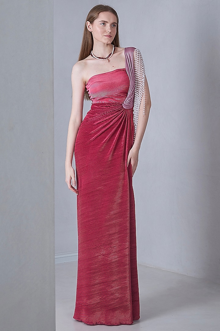 Multi-Colored Self Pleated Stretch One-Shoulder Gown by Naina Seth at Pernia's Pop Up Shop