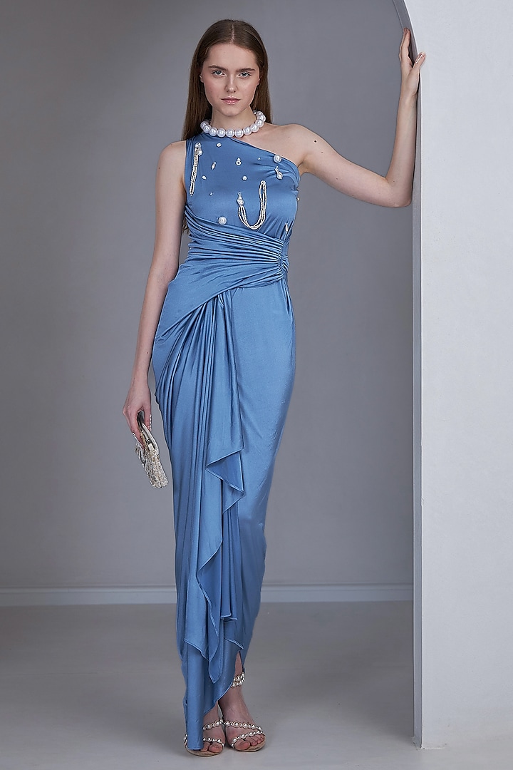 Teal Blue Stretch Knit Pearl Hand Embellished One-Shoulder Draped Gown by Naina Seth