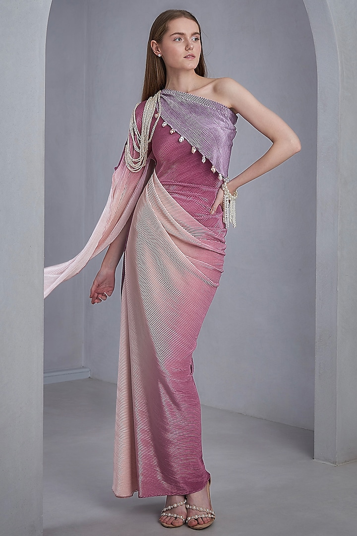Multi Self Pleated Stretch Pearls & Tassels Embroidered One-Shoulder Gown by Naina Seth