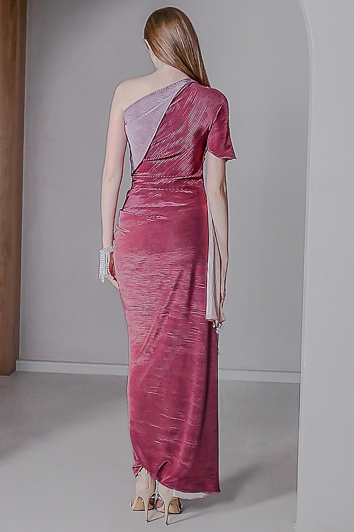 Multi Self Pleated Stretch Pearls & Tassels Embroidered One-Shoulder Gown by Naina Seth at Pernia's Pop Up Shop