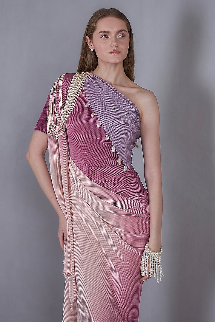 Multi Self Pleated Stretch Pearls & Tassels Embroidered One-Shoulder Gown by Naina Seth at Pernia's Pop Up Shop