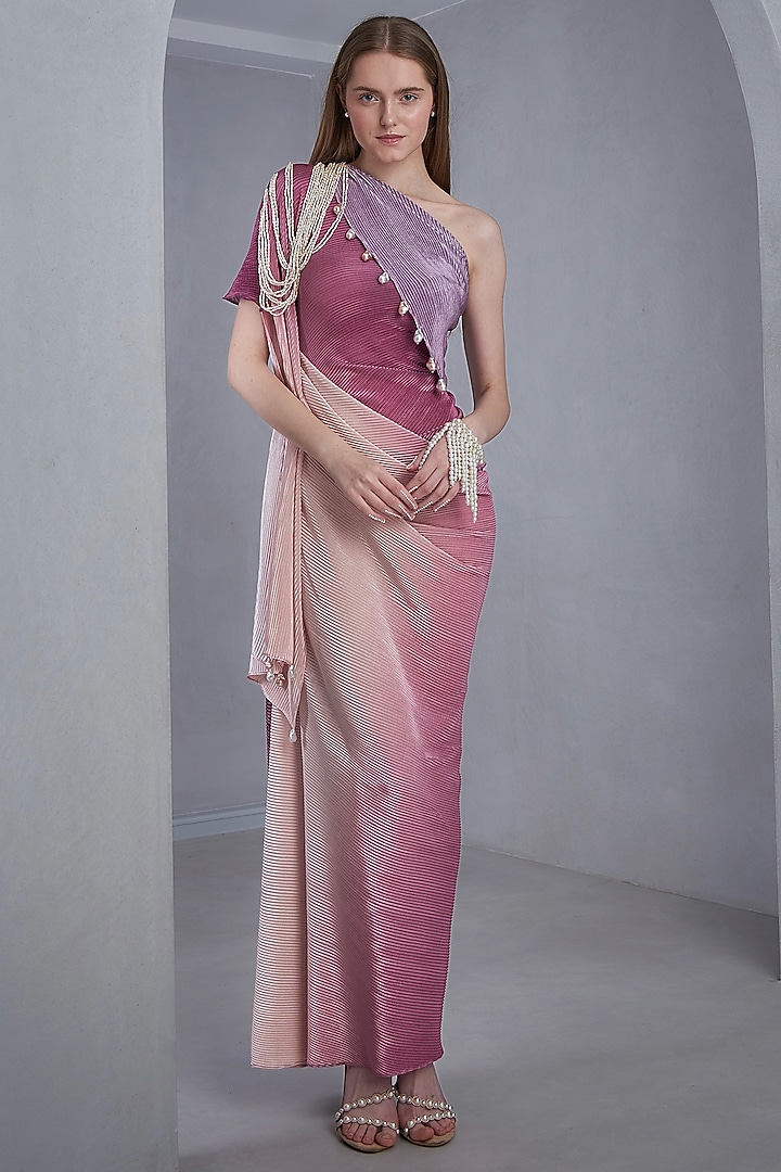 Multi Self Pleated Stretch Pearls & Tassels Embroidered One-Shoulder Gown by Naina Seth at Pernia's Pop Up Shop