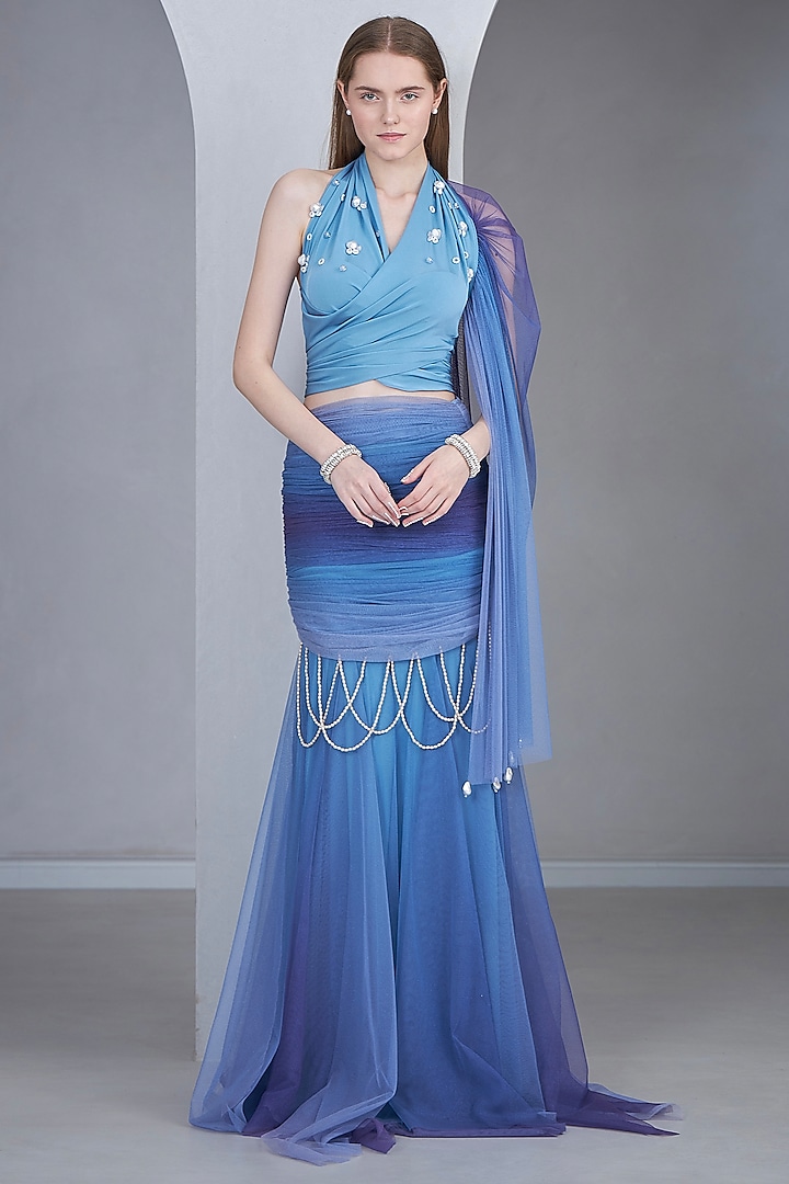 Blue Stretch Knit & Tulle Pearl Embroidered Ombre Lehenga Set by Naina Seth