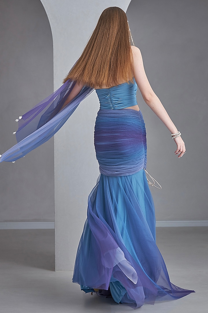 Blue Stretch Knit & Tulle Pearl Embroidered Ombre Lehenga Set by Naina Seth at Pernia's Pop Up Shop