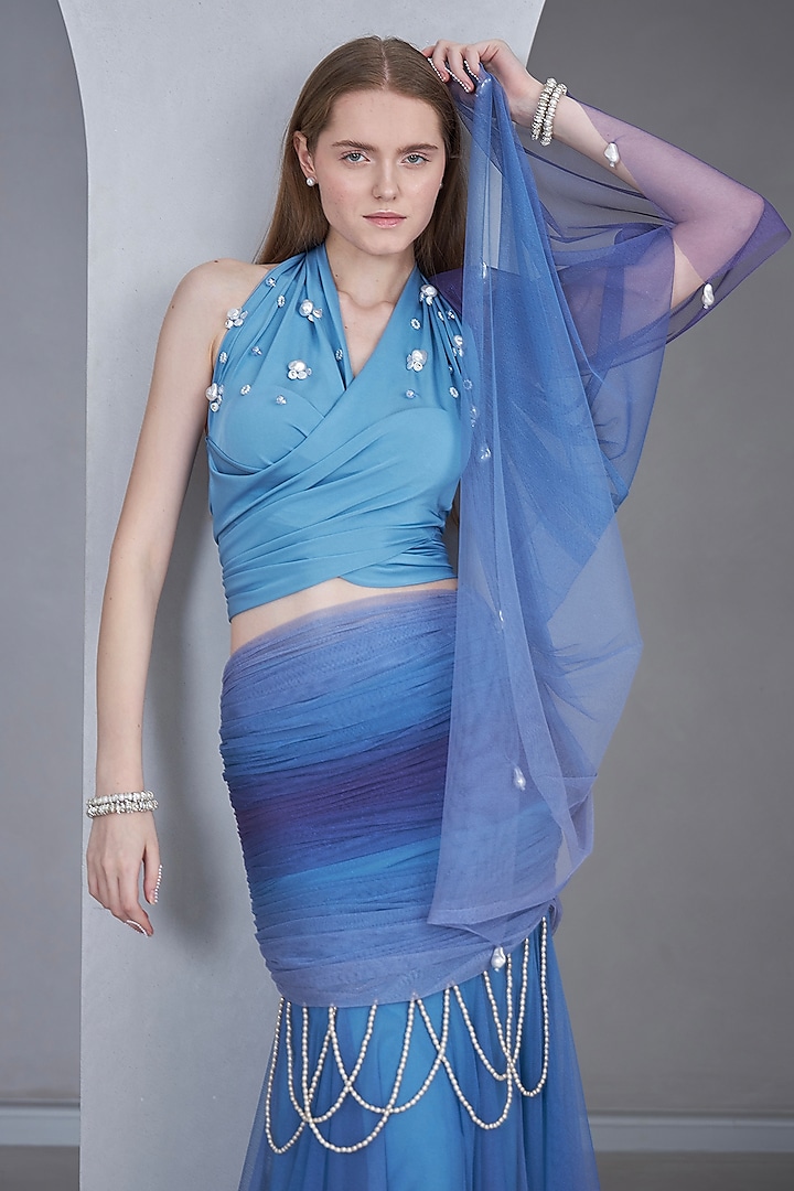 Blue Stretch Knit & Tulle Pearl Embroidered Ombre Lehenga Set by Naina Seth at Pernia's Pop Up Shop