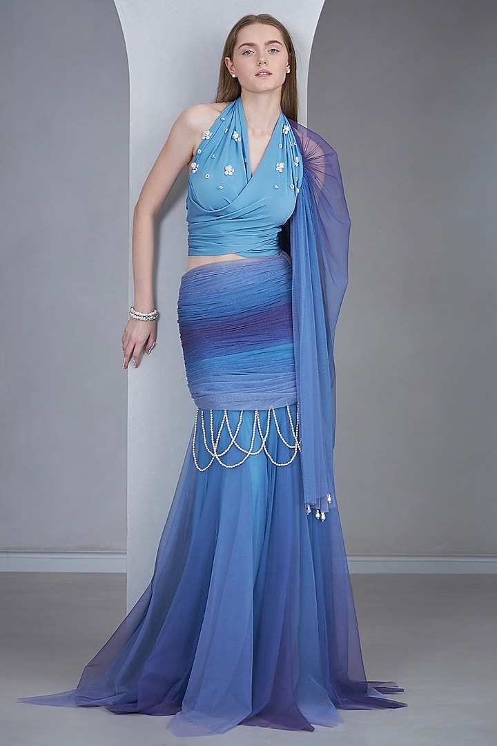 Blue Stretch Knit & Tulle Pearl Embroidered Ombre Lehenga Set by Naina Seth at Pernia's Pop Up Shop